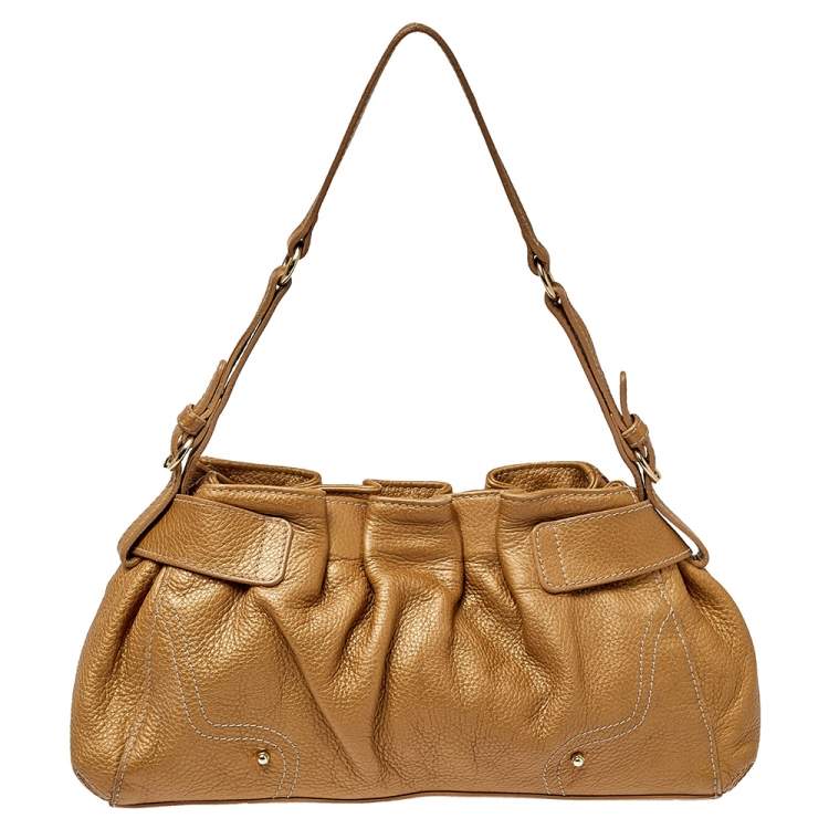 Pre Owned Aigner Metallic Beige Pleated Leather Satchel 
