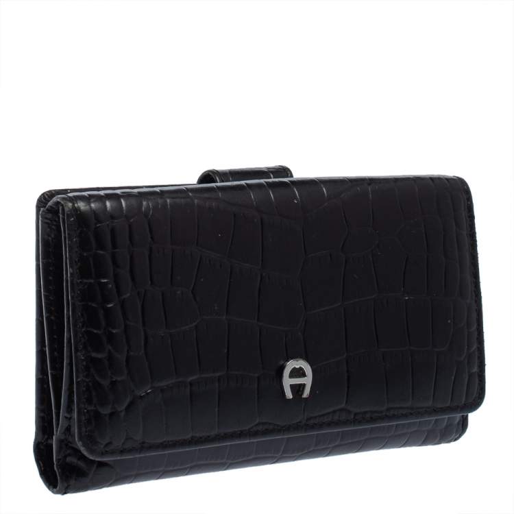 Pre Owned Aigner Black Croc Embossed Continental Wallet