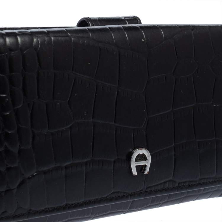 Pre Owned Aigner Black Croc Embossed Continental Wallet