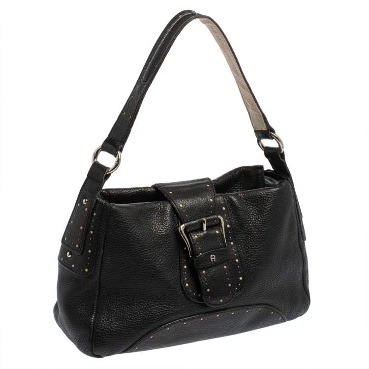 Pre Owned Aigner Black Grained Leather Shoulder Bag