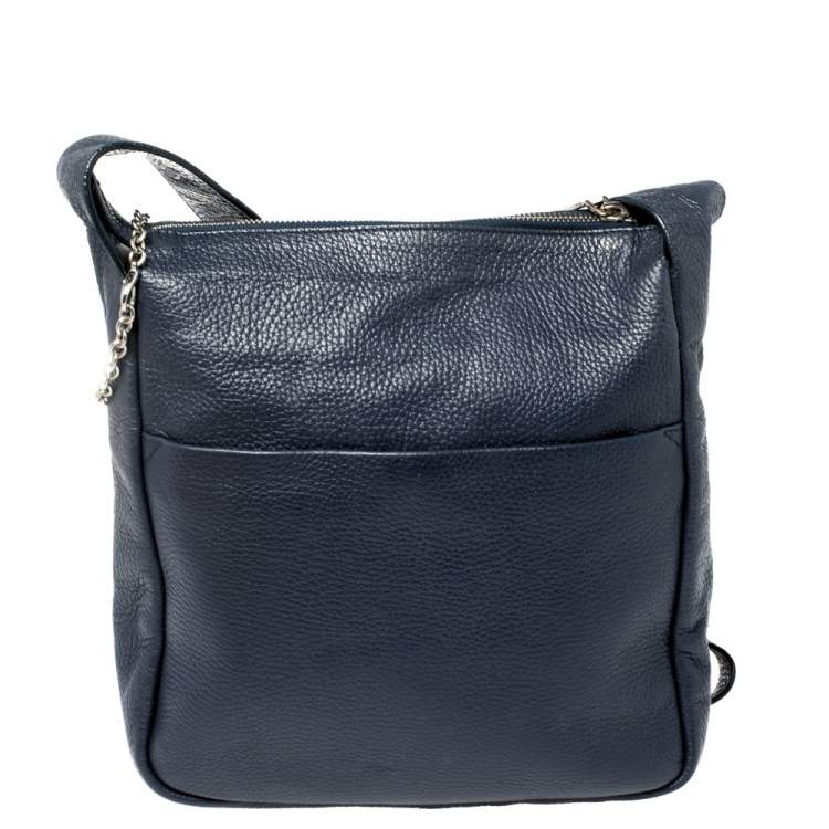 Pre Owned Aigner Navy Blue Grained Leather Zip Messengers Bag