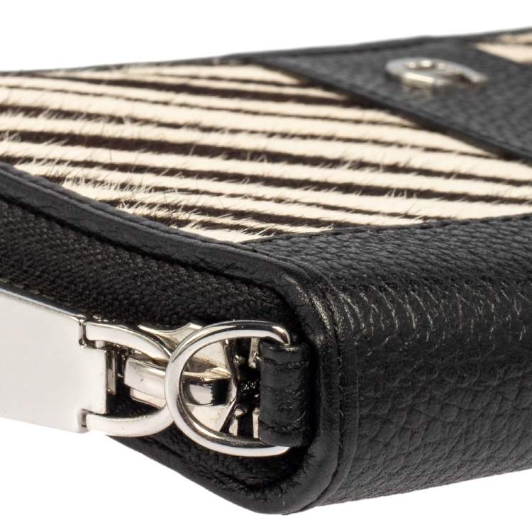Pre Owned Aigner Black/White Zebra Print Calf Hair and Leather Zip Around Wallet