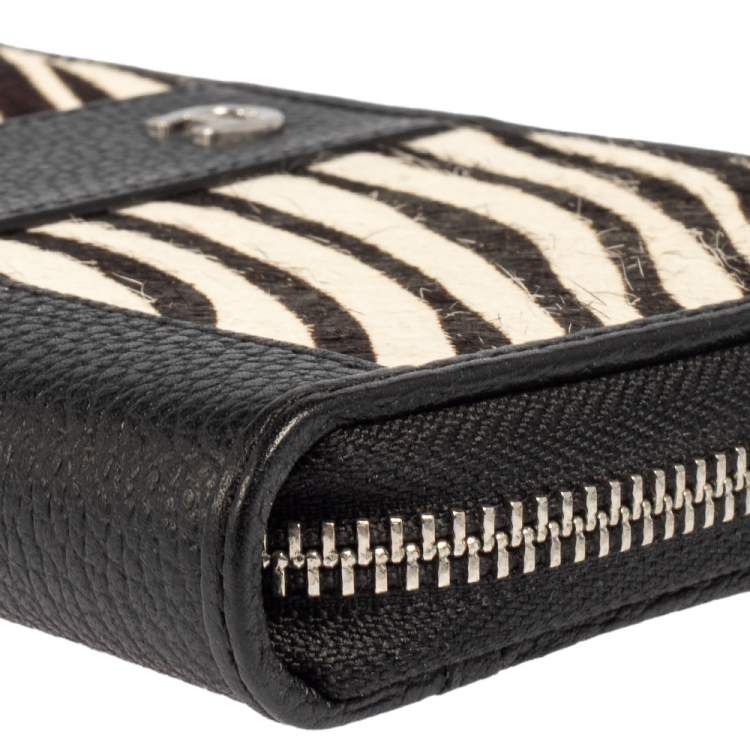 Pre Owned Aigner Black/White Zebra Print Calf Hair and Leather Zip Around Wallet