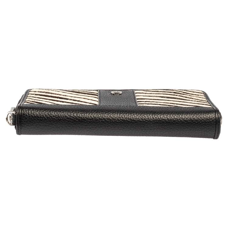 Pre Owned Aigner Black/White Zebra Print Calf Hair and Leather Zip Around Wallet
