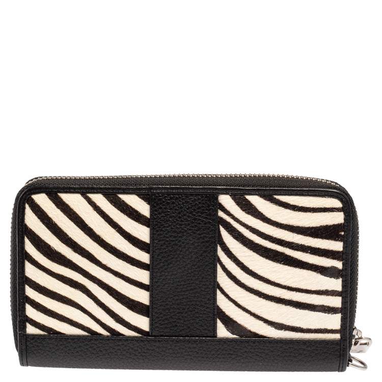 Pre Owned Aigner Black/White Zebra Print Calf Hair and Leather Zip Around Wallet