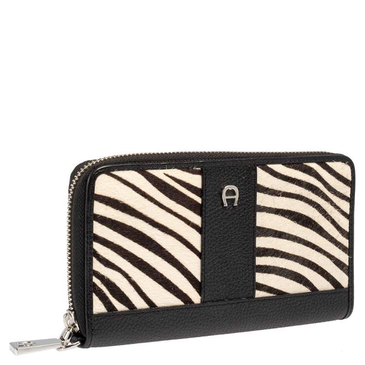 Pre Owned Aigner Black/White Zebra Print Calf Hair and Leather Zip Around Wallet