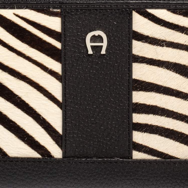 Pre Owned Aigner Black/White Zebra Print Calf Hair and Leather Zip Around Wallet
