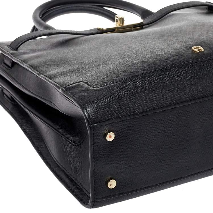 Pre Owned Aigner Black Leather Turnlock Tote
