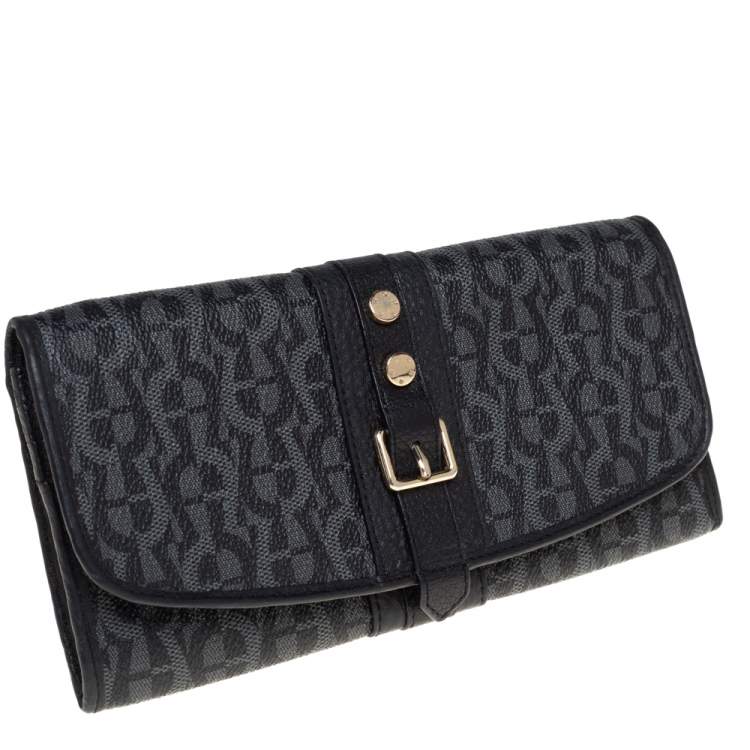 Pre Owned Aigner Black Monogram Coated Canvas and Leather Buckle Flap Continental Wallet