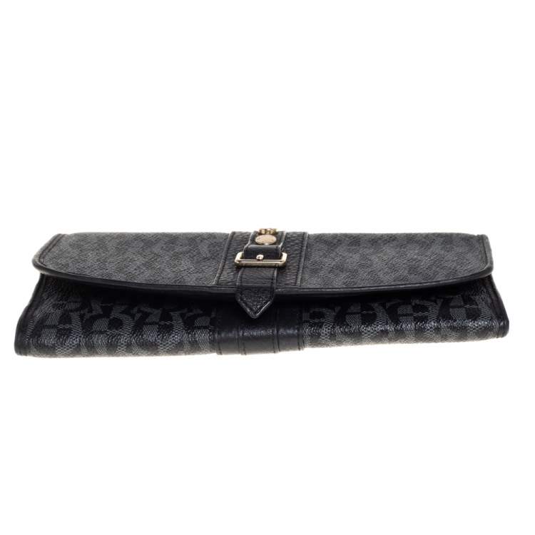 Pre Owned Aigner Black Monogram Coated Canvas and Leather Buckle Flap Continental Wallet