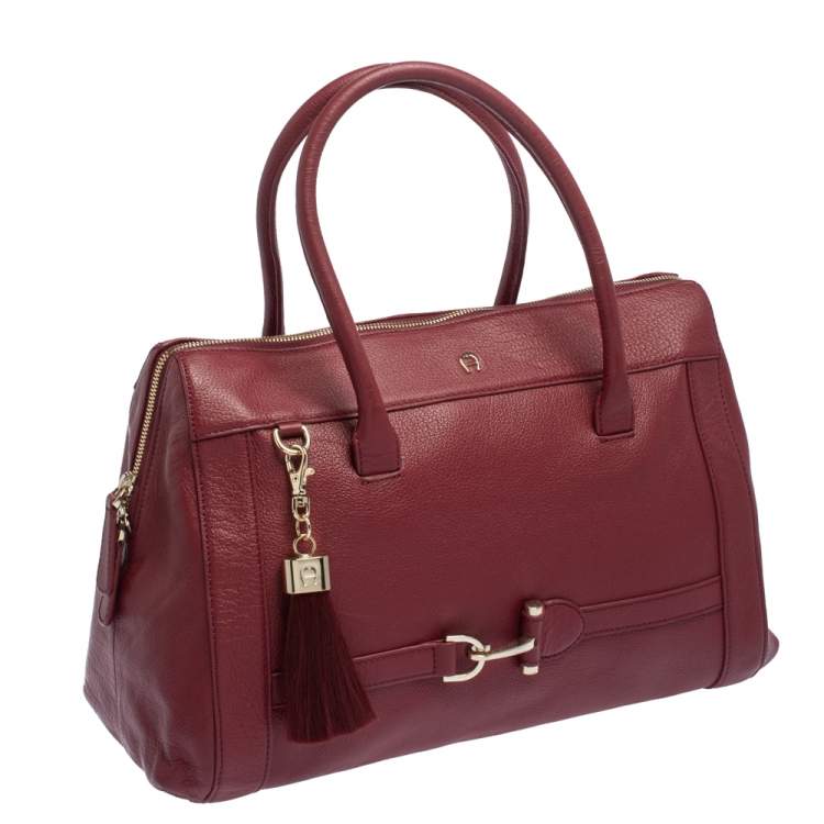 Pre Owned Aigner Burgundy Leather Cavallina Zip Satchel