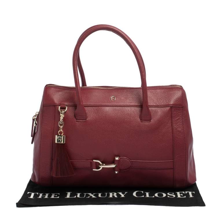 Pre Owned Aigner Burgundy Leather Cavallina Zip Satchel