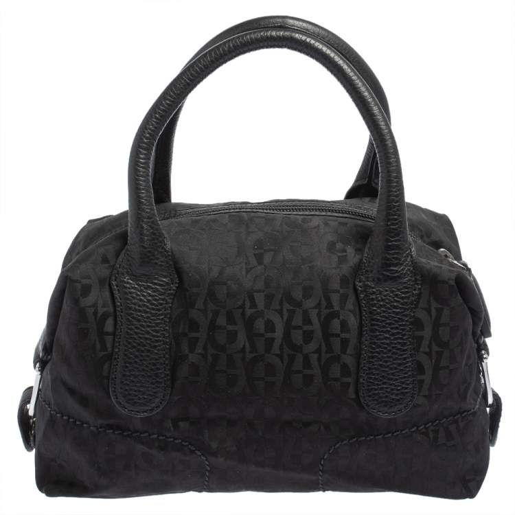 Pre Owned Aigner Black Signature Nylon and Leather Satchel