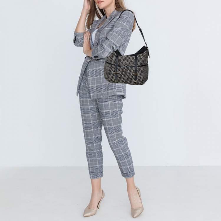 Pre Owned Aigner Black Signature Canvas and Leather Pocket Hobo