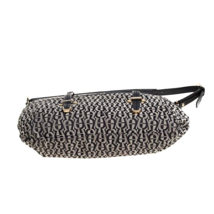 Pre Owned Aigner Black Signature Canvas and Leather Pocket Hobo