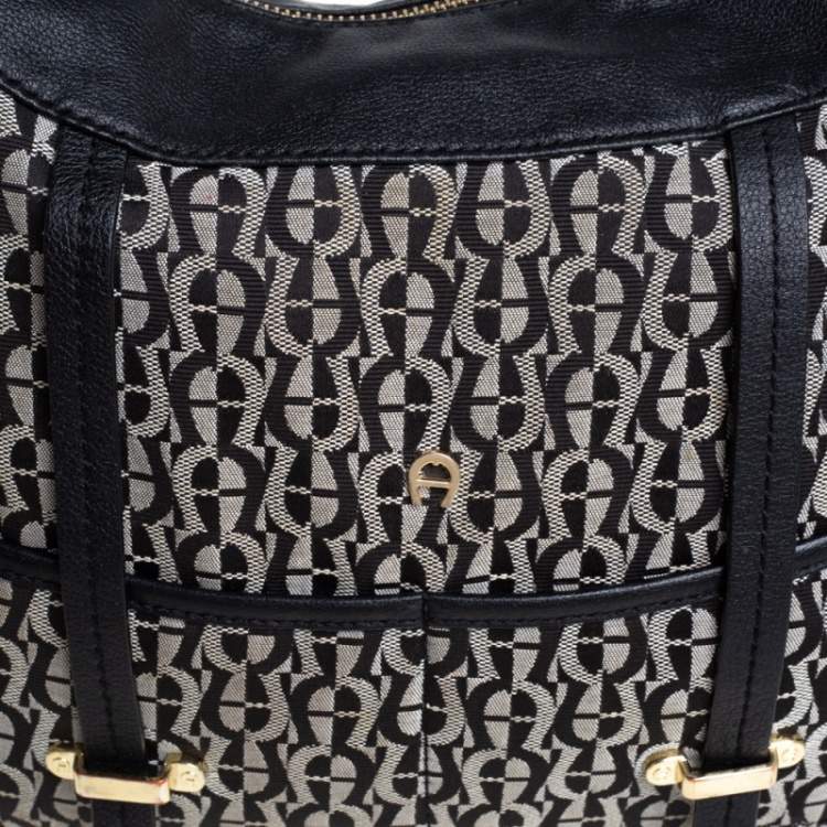 Pre Owned Aigner Black Signature Canvas and Leather Pocket Hobo