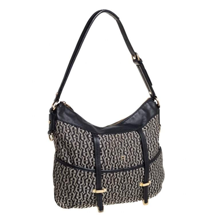 Pre Owned Aigner Black Signature Canvas and Leather Pocket Hobo