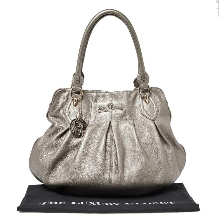 Pre Owned Aigner Metallic Grey Leather Satchel