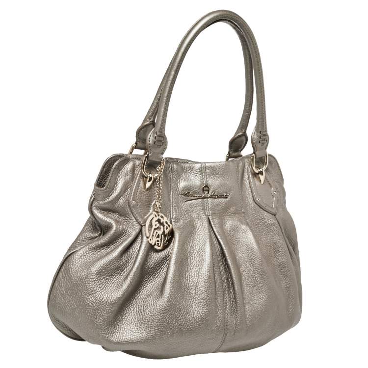 Pre Owned Aigner Metallic Grey Leather Satchel