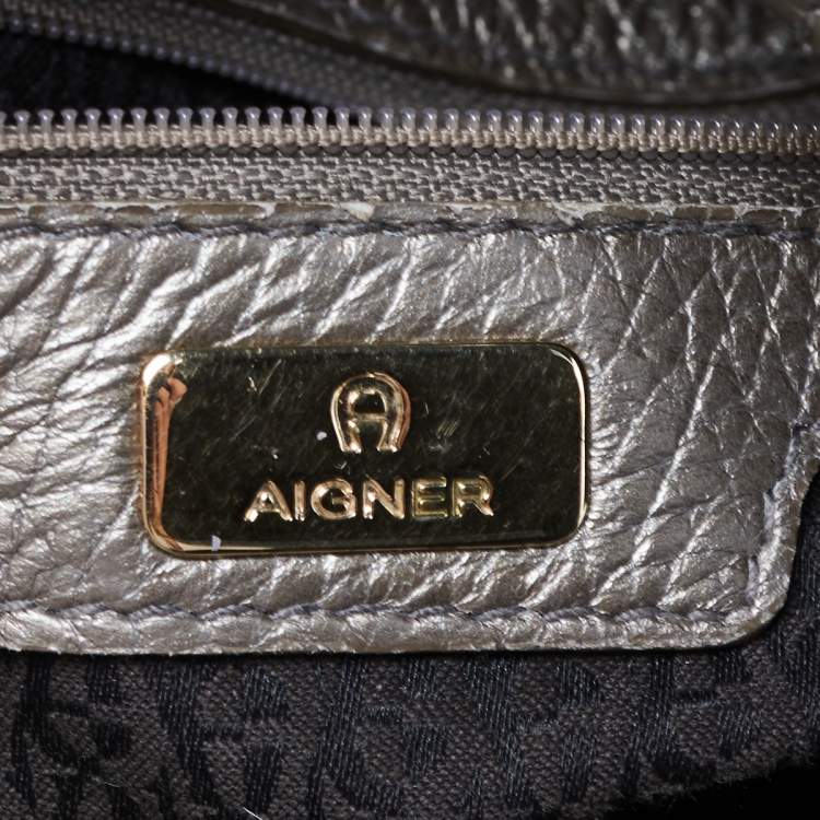 Pre Owned Aigner Metallic Grey Leather Satchel