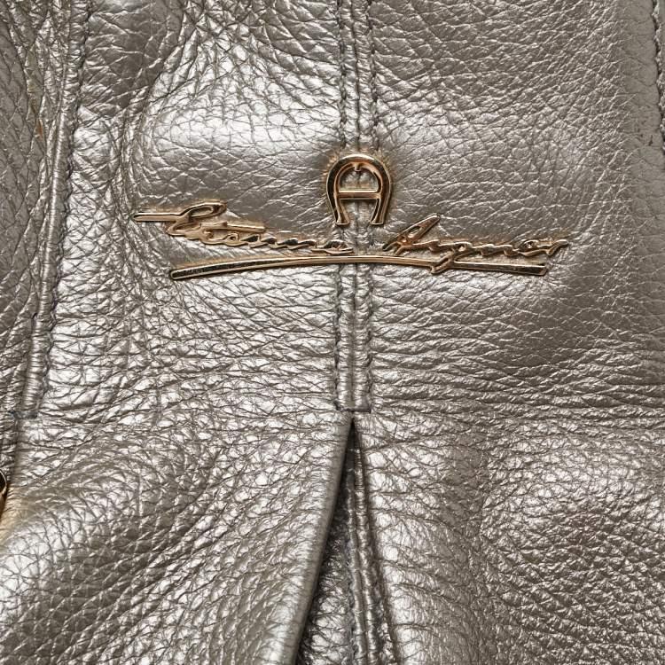 Pre Owned Aigner Metallic Grey Leather Satchel