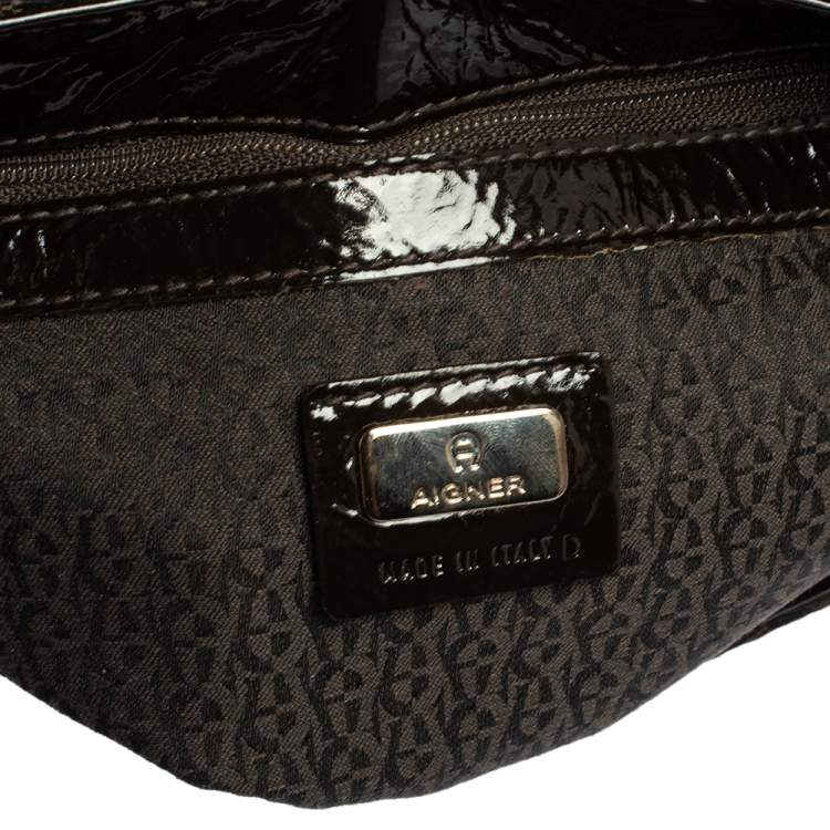 Pre Owned Aigner Brown Signature Canvas and Patent Leather Hobo