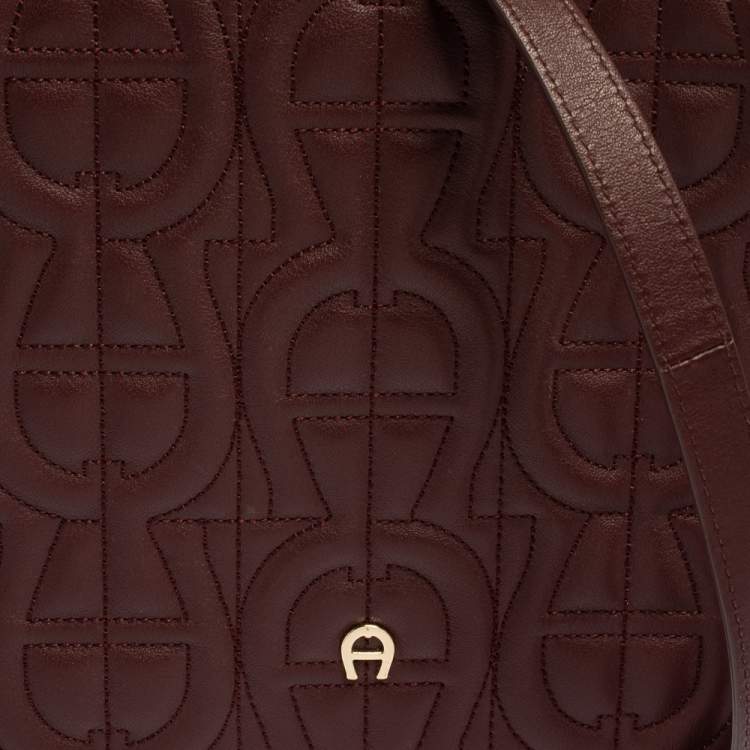 Pre Owned Aigner Burgundy Logo Embossed Leather Flap Crossbody Bag