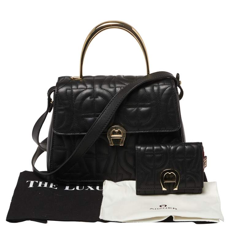 Pre Owned Aigner Black Embossed Leather Genoveva Top Handle Bag
