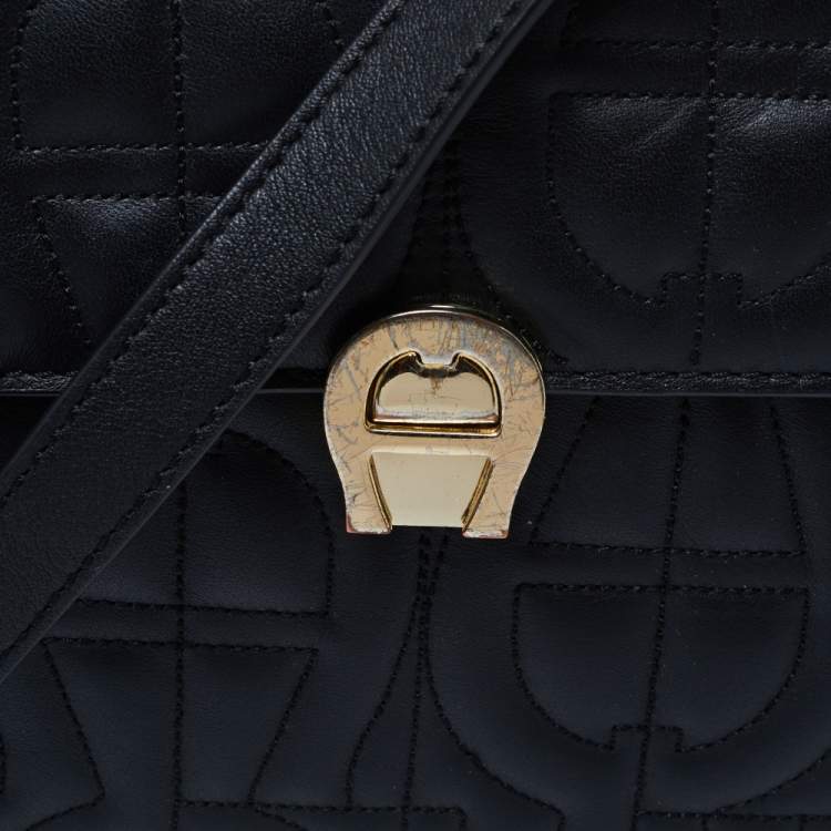 Pre Owned Aigner Black Embossed Leather Genoveva Top Handle Bag