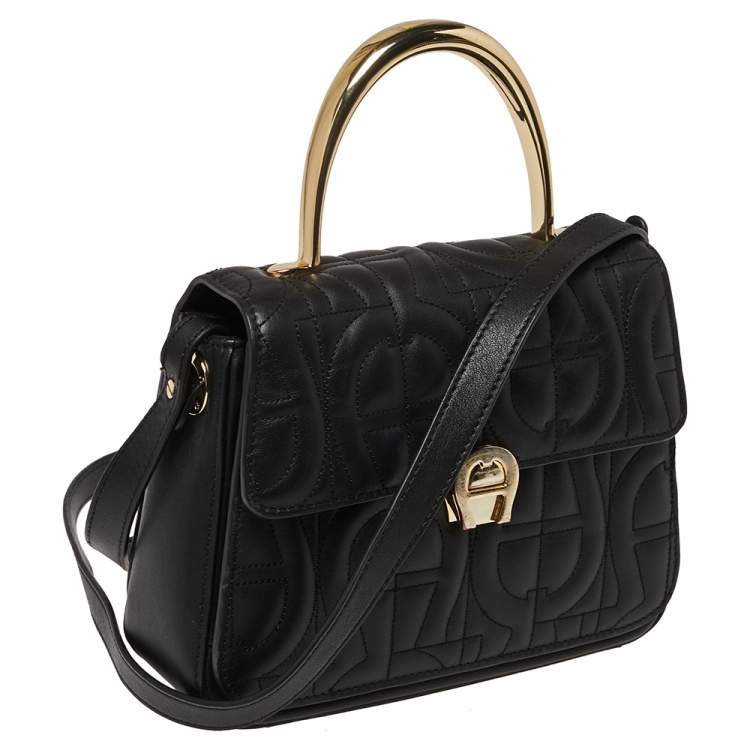 Pre Owned Aigner Black Embossed Leather Genoveva Top Handle Bag