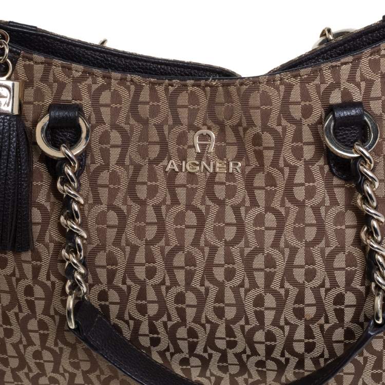 Pre Owned Aigner Brown/Beige Signature Canvas and Leather Tassel Shoulder Bag