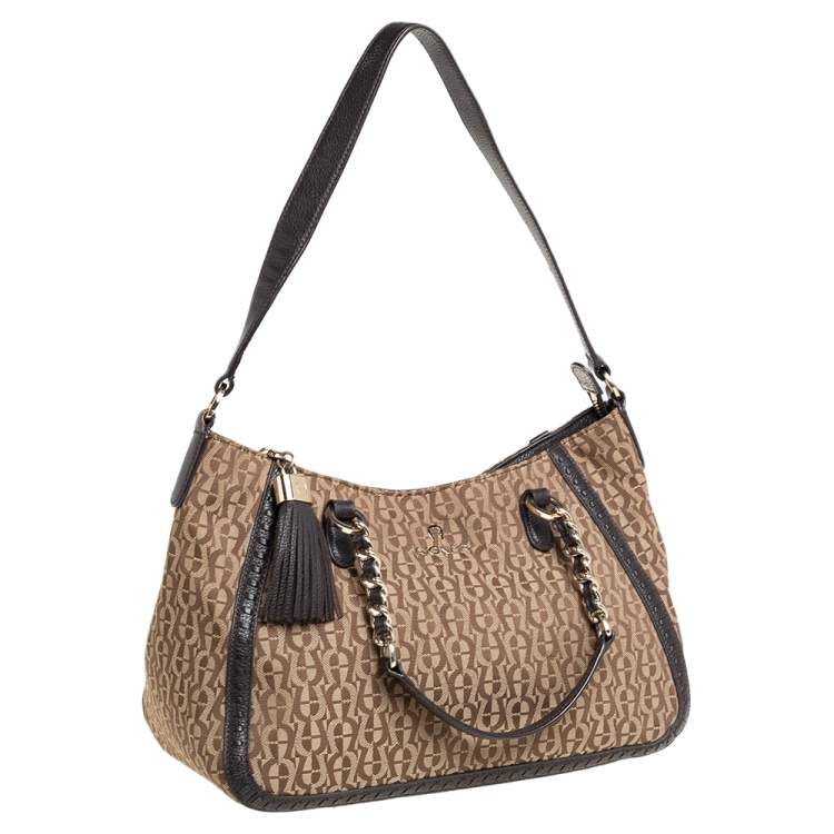 Pre Owned Aigner Brown/Beige Signature Canvas and Leather Tassel Shoulder Bag