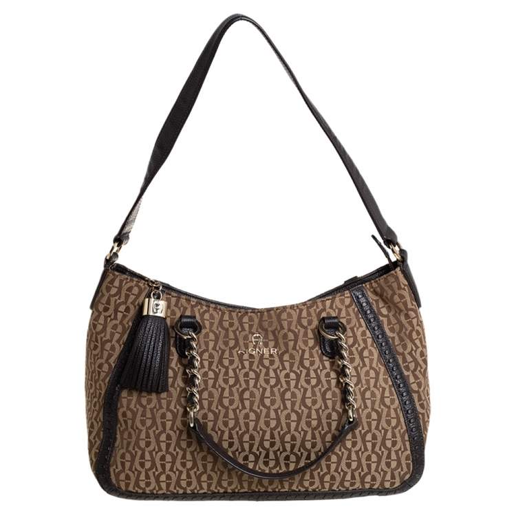 Pre Owned Aigner Brown/Beige Signature Canvas and Leather Tassel Shoulder Bag