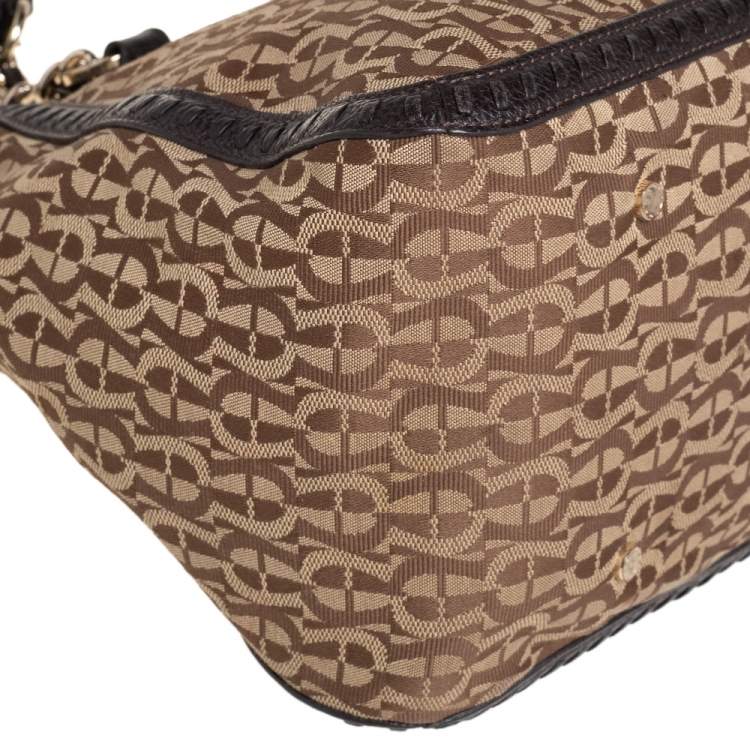 Pre Owned Aigner Brown/Beige Signature Canvas and Leather Tassel Shoulder Bag