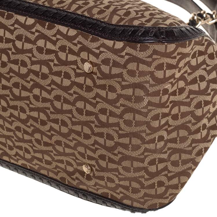 Pre Owned Aigner Brown/Beige Signature Canvas and Leather Tassel Shoulder Bag