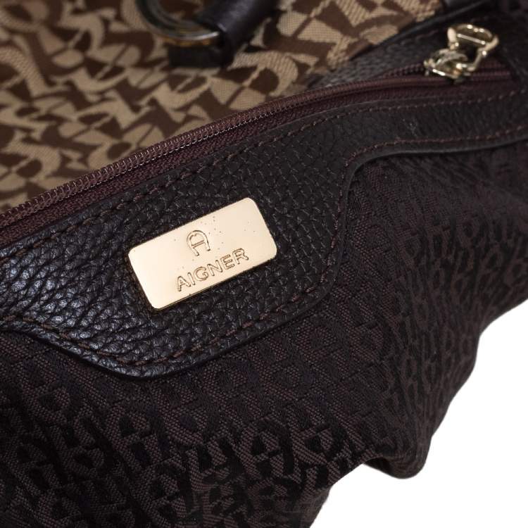 Pre Owned Aigner Brown/Beige Signature Canvas and Leather Tassel Shoulder Bag