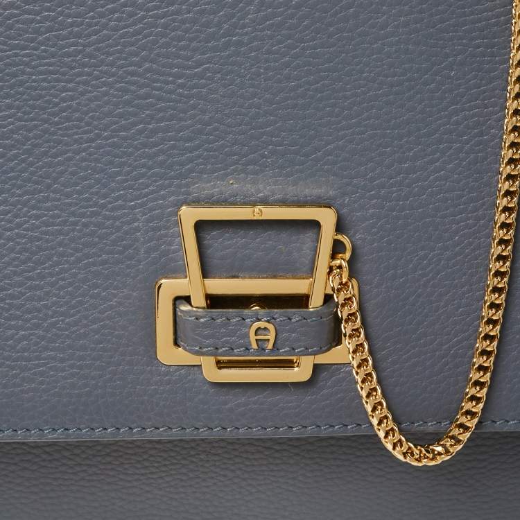Pre Owned Aigner Dark Grey Leather Flap Isabella Top Handle Bag