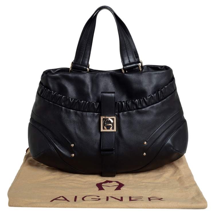 Pre Owned Aigner Black Leather Metal Logo Hobo
