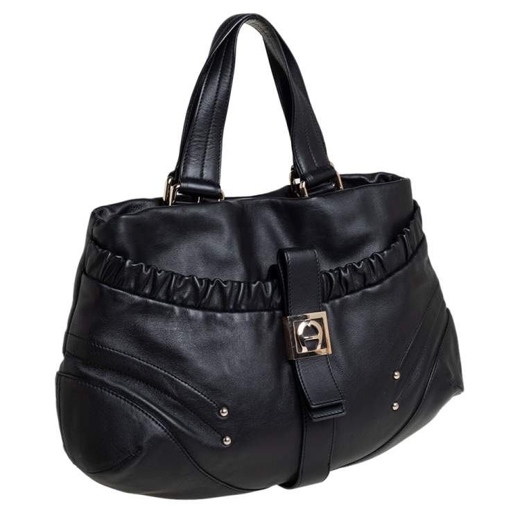 Pre Owned Aigner Black Leather Metal Logo Hobo