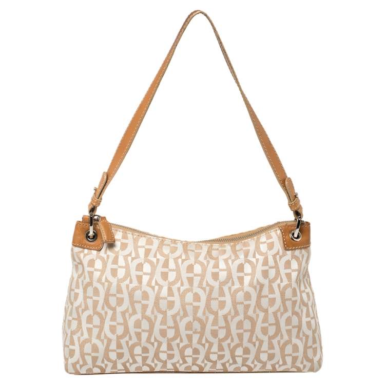 Pre Owned Aigner White/Brown Signature Fabric and Leather Baguette