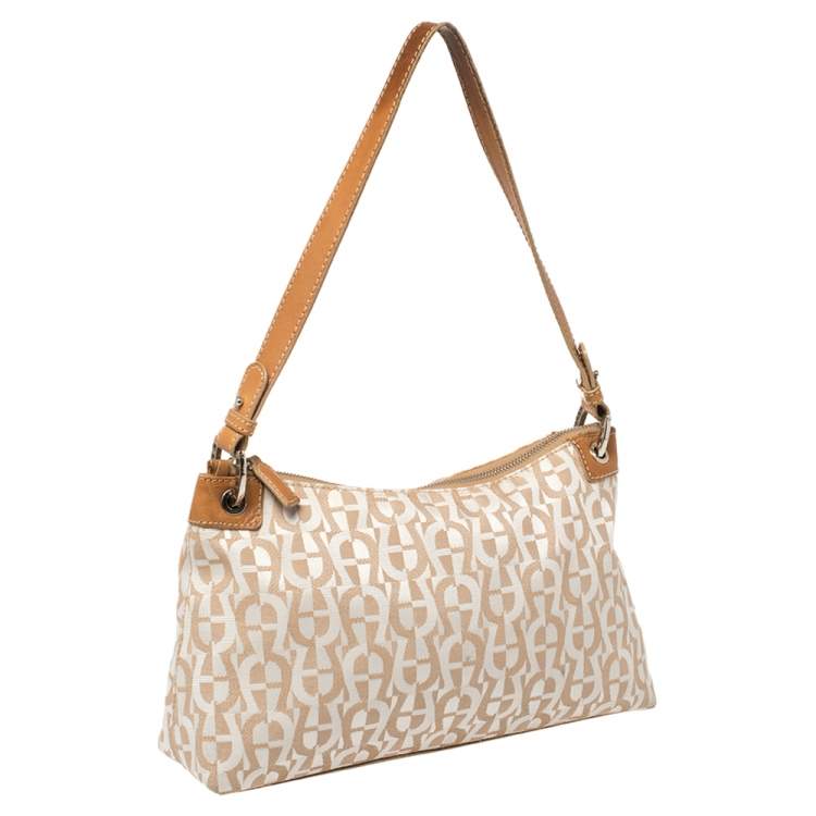 Pre Owned Aigner White/Brown Signature Fabric and Leather Baguette
