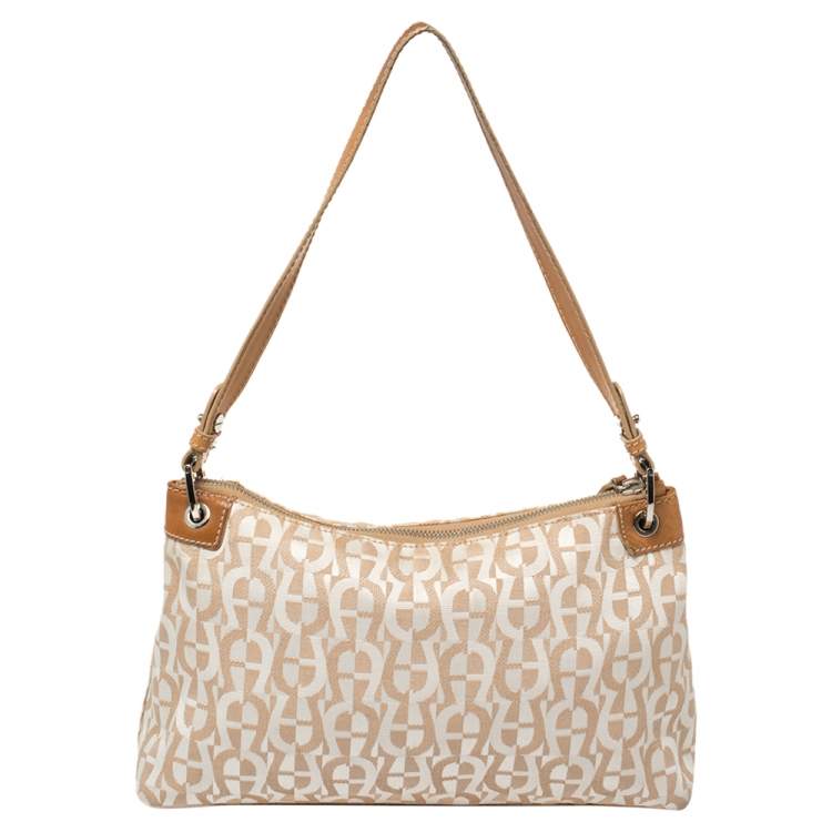 Pre Owned Aigner White/Brown Signature Fabric and Leather Baguette