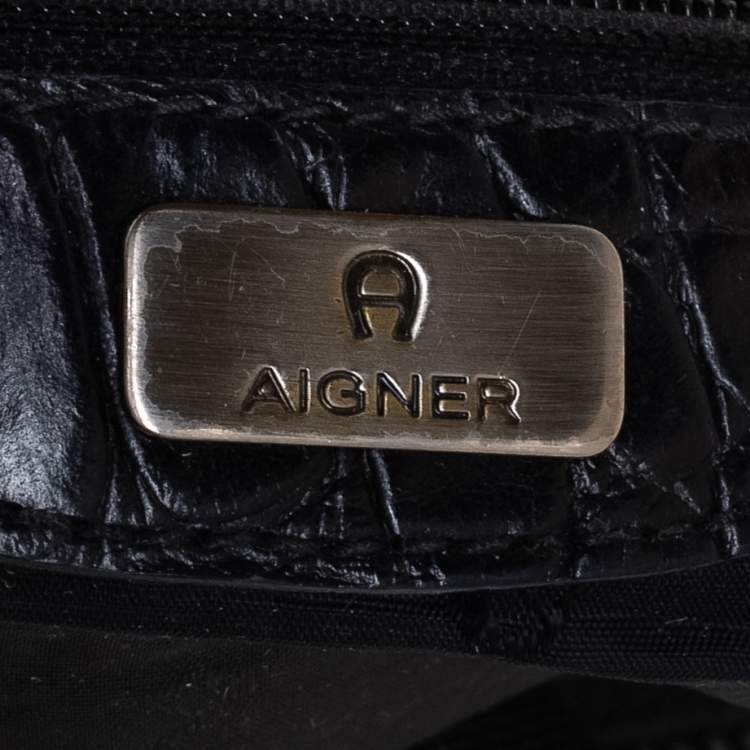 Pre Owned Aigner Black Crocodile Embossed Leather Buckle Hobo