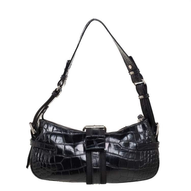 Pre Owned Aigner Black Crocodile Embossed Leather Buckle Hobo
