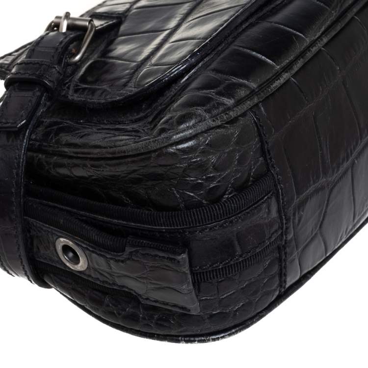 Pre Owned Aigner Black Crocodile Embossed Leather Buckle Hobo