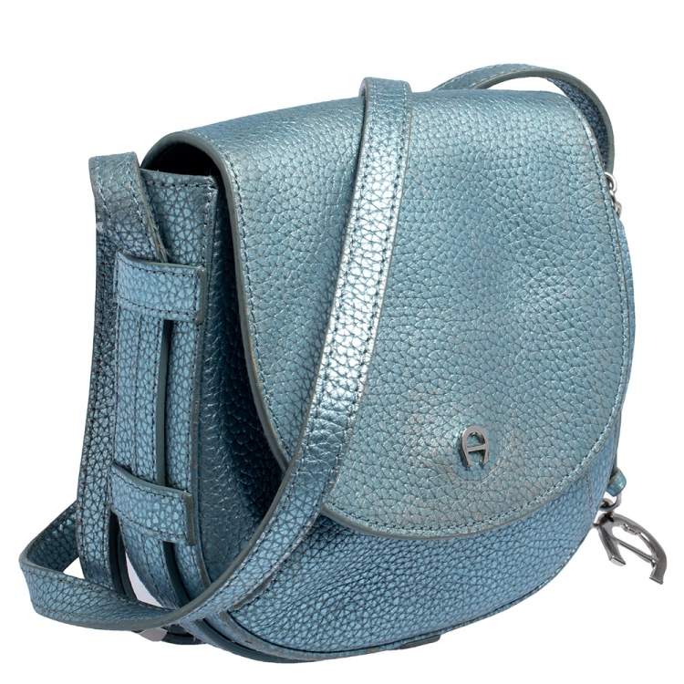Pre Owned Aigner Metallic Blue Leather Flap Crossbody Bag