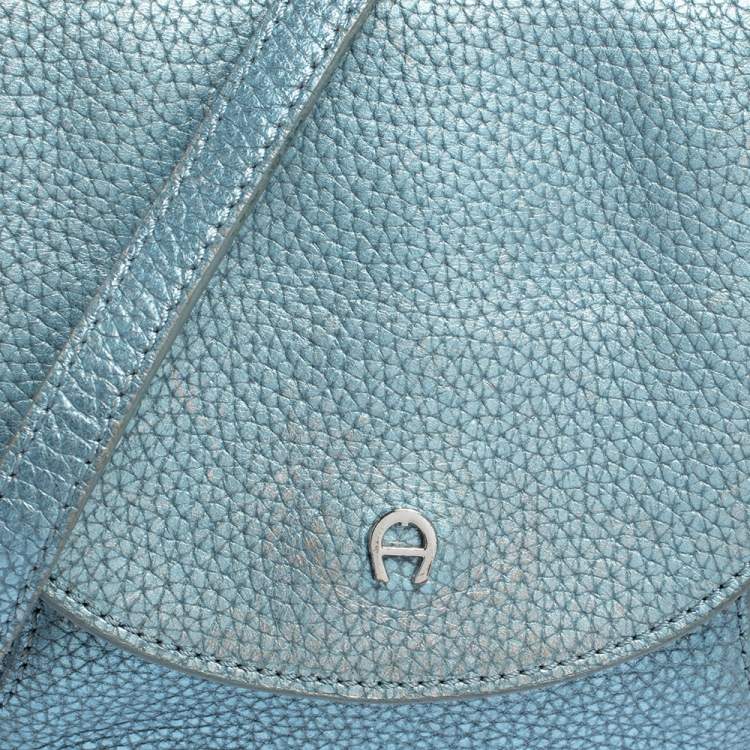 Pre Owned Aigner Metallic Blue Leather Flap Crossbody Bag