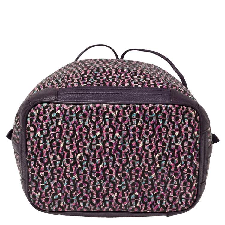 Pre Owned Aigner Purple Signature Coated Canvas and Leather Drawstring Shoulder Bag 