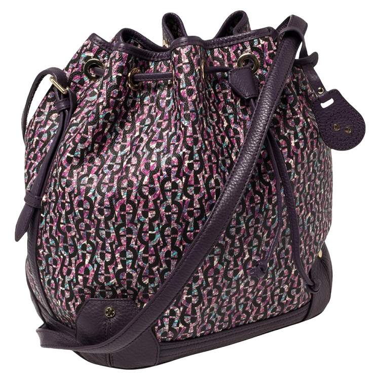 Pre Owned Aigner Purple Signature Coated Canvas and Leather Drawstring Shoulder Bag 