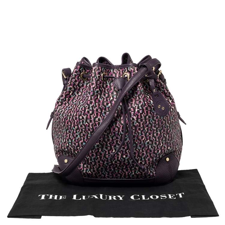 Pre Owned Aigner Purple Signature Coated Canvas and Leather Drawstring Shoulder Bag 